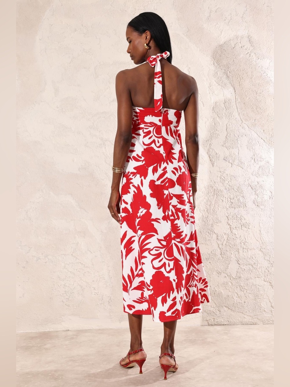 NWT Zara Printed Halter Midi Dress Red Tropical Floral Size L - Picture 3 of 15